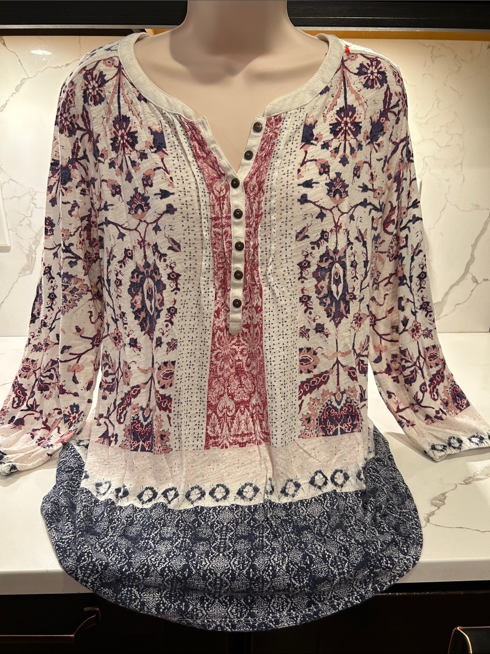 Boho Floral Print Henley Top - White with Navy & Red
